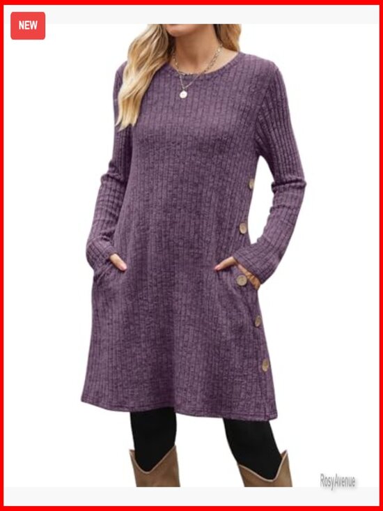 Long Sleeve Tunic Dress with Pockets, A-Line Silhouette, Button Details - Picture 2 of 5